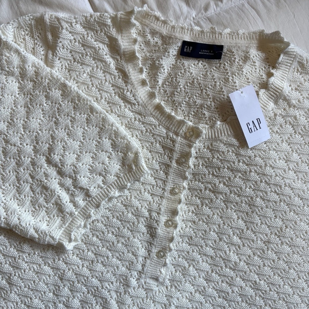 NWT Gap Linen Blend Pointelle Henley Top SS Womens L Petite Ivory Frost Neutral